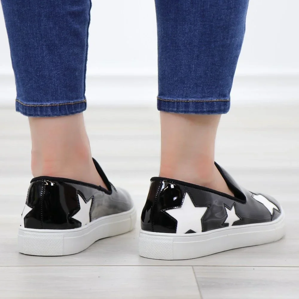 Black With White Stars Patent Sneakers Shoes - Picture 7 of 15